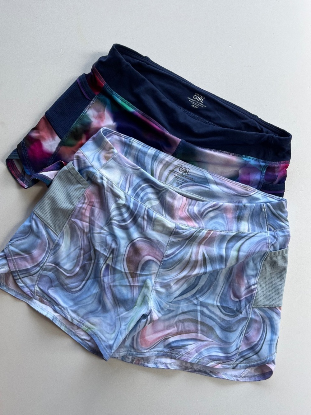 Athleta Girl Bundle of 2 Record Breaker 3" Shorts blue/pink swirl-marbled print